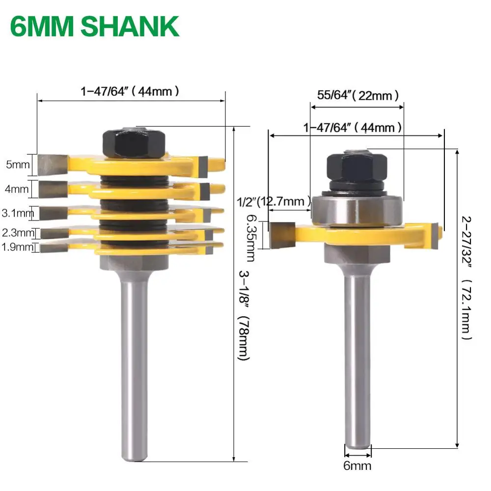 2Pc 6 Piece Slot Cutter 3 Wing Router Bit Set Woodworking Chisel Cutter Tool- 8\