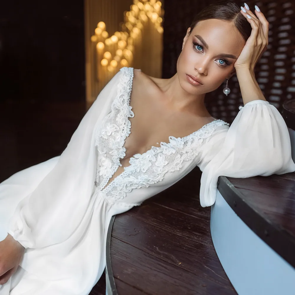 Boho Chiffon Wedding Dress Women High Split Long Puff Sleeve V-Neck Lace Beach Bridal Gown Sweep Train Bohemian Vestido De Novia