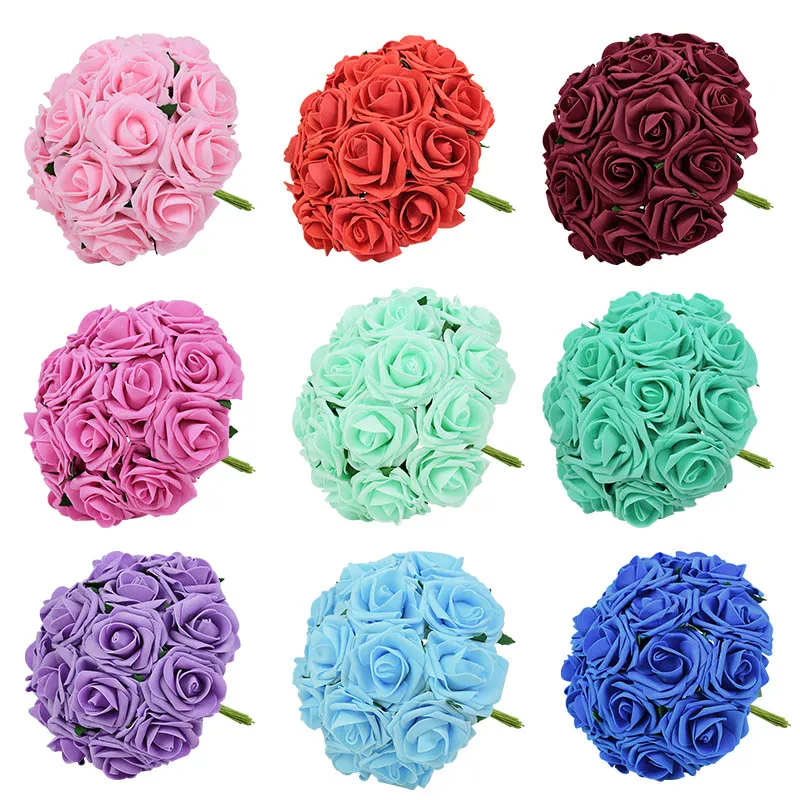 10 Heads 7cm Foam Rose Artificial Flowers with Leaf Fake Roses for Wedding Decoration Home Garden Supplies DIY Bouquet Wreath