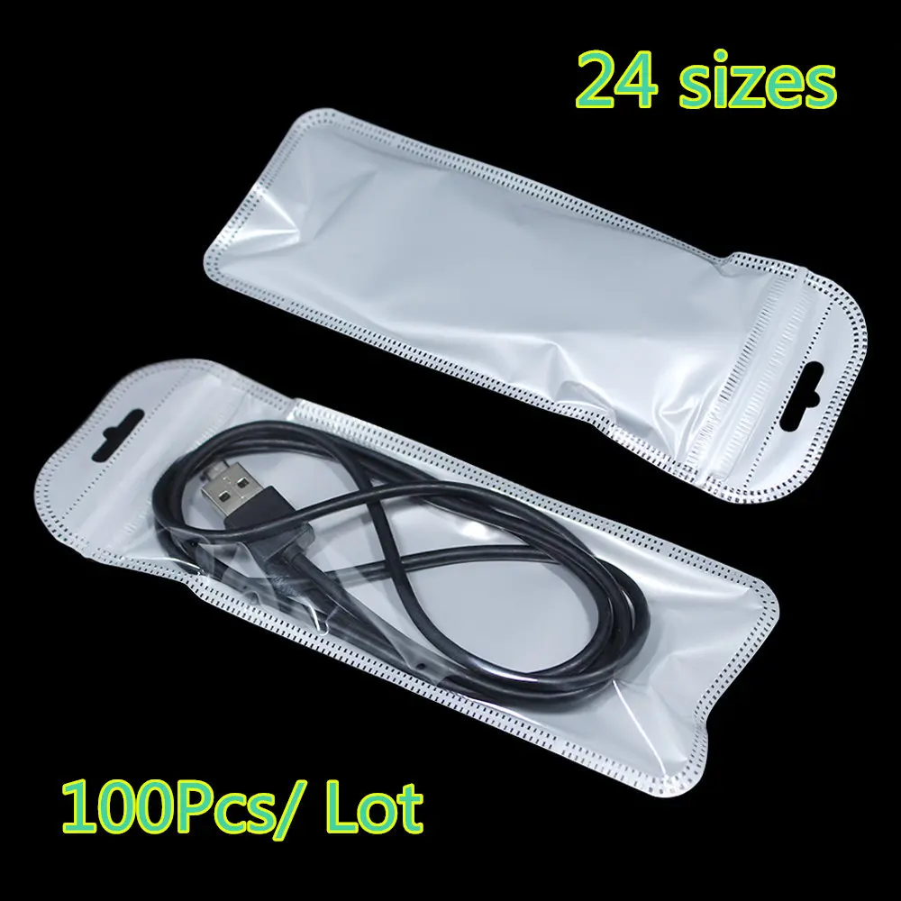 100Pcs 25 Sizes Front Clear Plastic Ziplock Pouch Hang Hole for Jewelry Necklace Packaging Resealable Electronics Package Bag