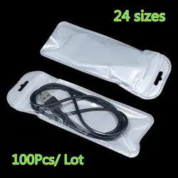 100Pcs 25 Sizes Front Clear Plastic Ziplock Pouch Hang Hole for Jewelry Necklace Packaging Resealable Electronics Package Bag