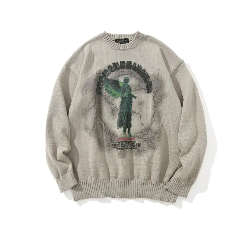 

Men Hip Hop Knitted Jumper Sweaters Angel Lightning Printed Streetwear Harajuku 2021 Autumn Winter Oversize Casual Pullovers w03