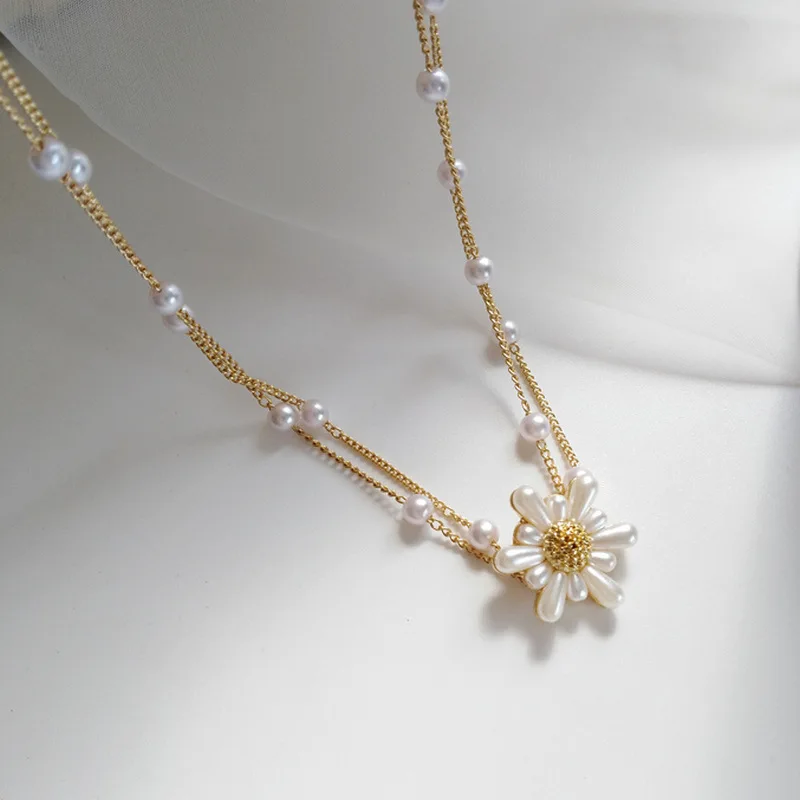 Fashion Jewelry Necklace Super Fairy Simulated Pearl Two Layer Flower Pendant Necklace Pretty Choker Necklalce For Jewelry Gift