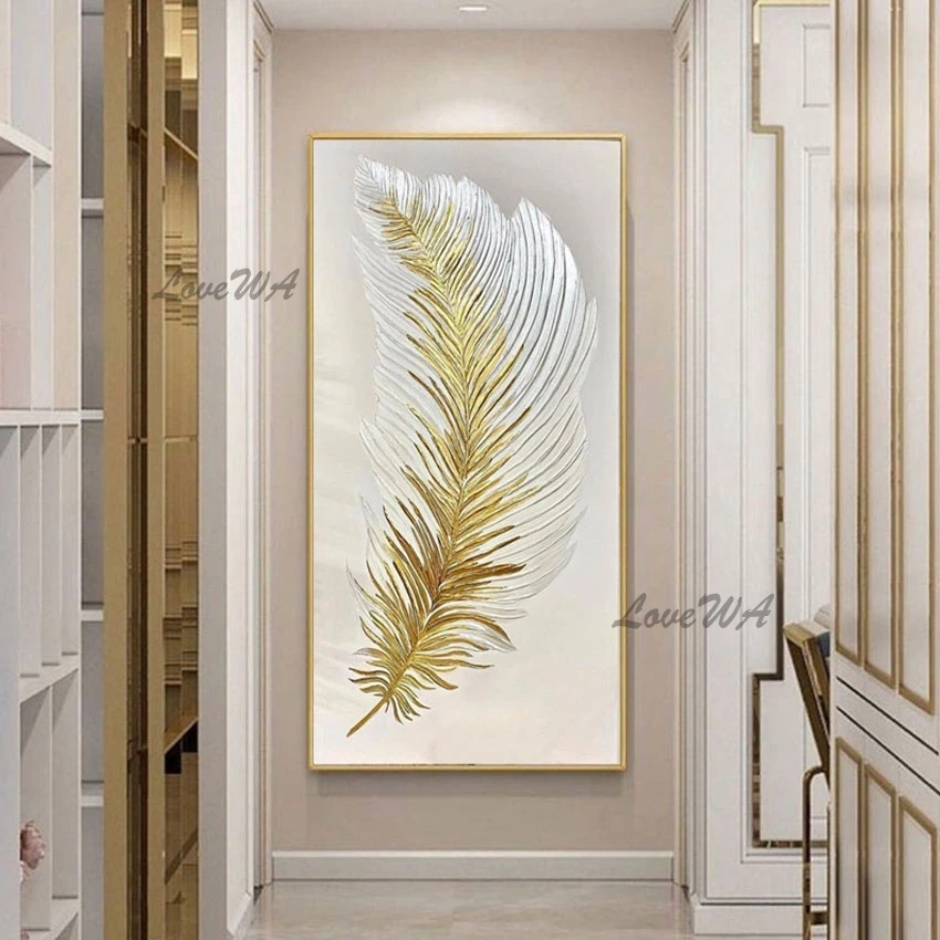 

Modern Abstract Gold Foil White Animal Feather Oil Painting Framless Canvas Art Wall Decoration Large Living Room Picture