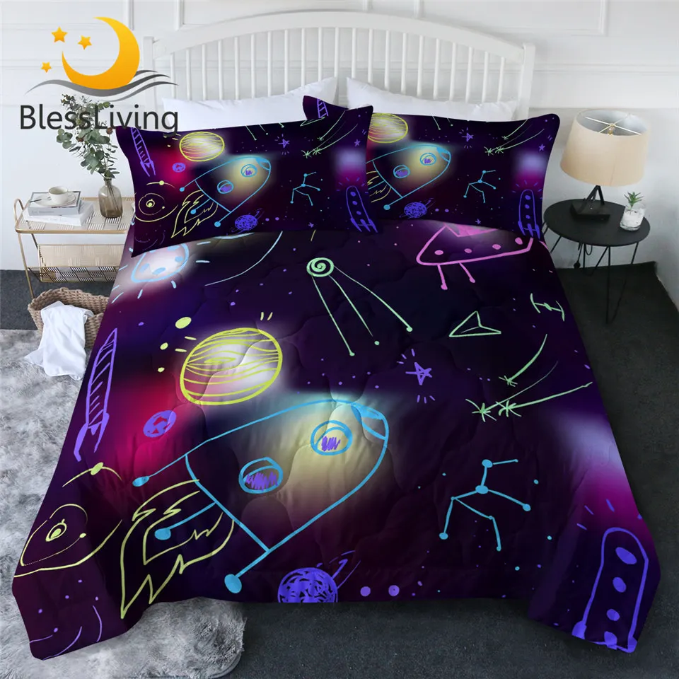 

BlessLiving Space Summer Quilt Set 3D Printed Cartoon Air-conditioning Comforter Spaceship Bedding Throw Rocket Thin Duvet Set