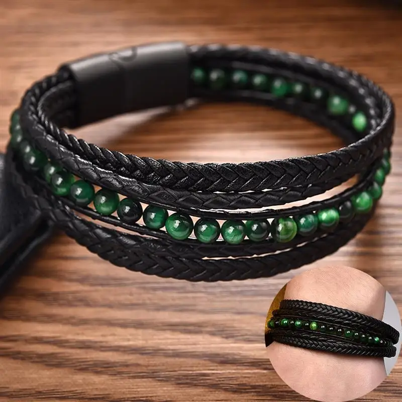Jiayiqi Men\'s Bracelets Natural Stone Multilayer Leather Braided Bracelet Green Beads Bangle Vintage Male Jewelry Wristband Gift