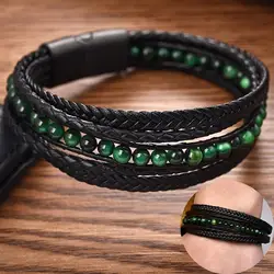 Jiayiqi Men's Bracelets Natural Stone Multilayer Leather Braided Bracelet Green Beads Bangle Vintage Male Jewelry Wristband Gift