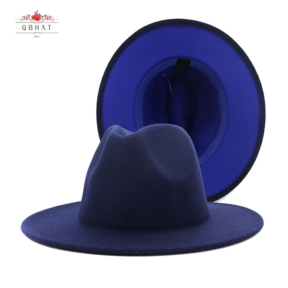 QBHAT Trendy Navy Blue Royalblue Patchwork Faux Wool Fedora Hats Women Men Felt Vintage Panama Jazz Cap with Belt Buckle