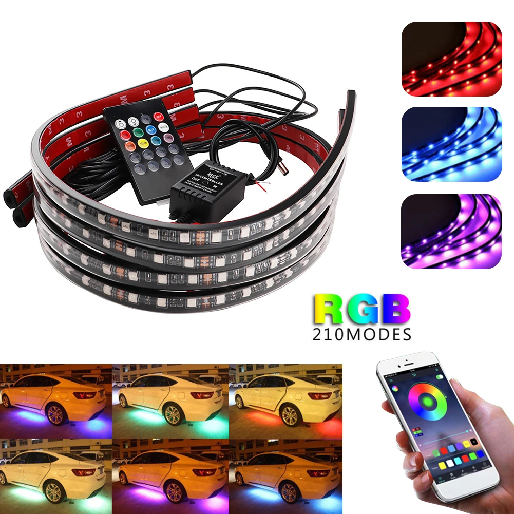 

4pcs Car LED RGB Strip Light Bluetooth Control LED Strip With Remote Voice controlled Rhythm lamp Atmosphere Light Strip