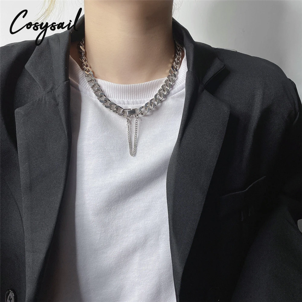 Cosysail Punk Cuban Chunky Chain Necklace Stainless Steel Hiphop Tassel Pendant Choker Necklace Party Necklace for Women Men