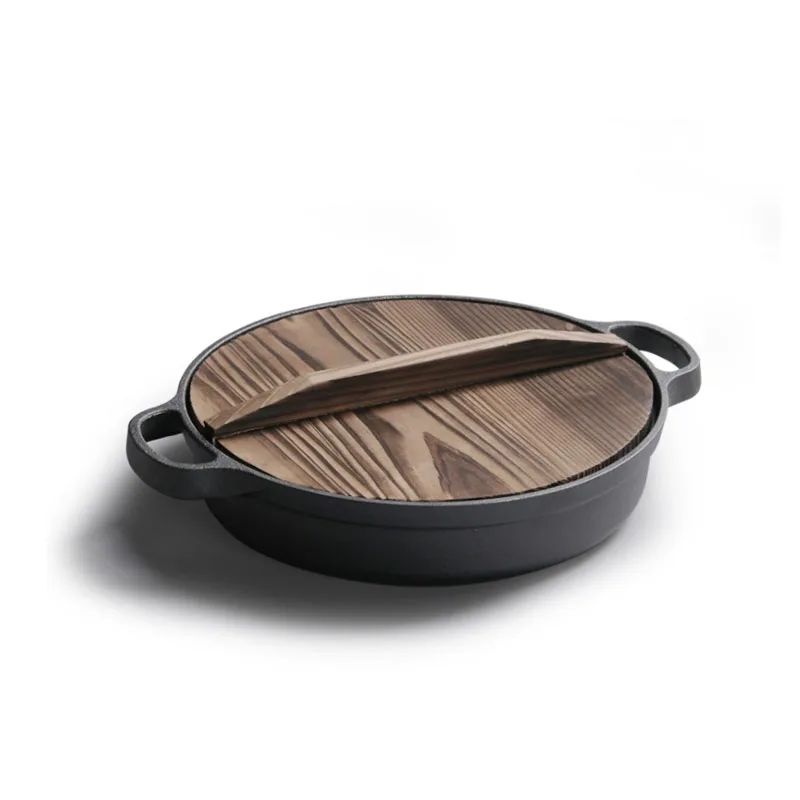 Cast Iron Frying Pan with Wooden Cover, Pancake Pan, Uncoated Pan, Induction Cooker, Universal Cookware, 30cm