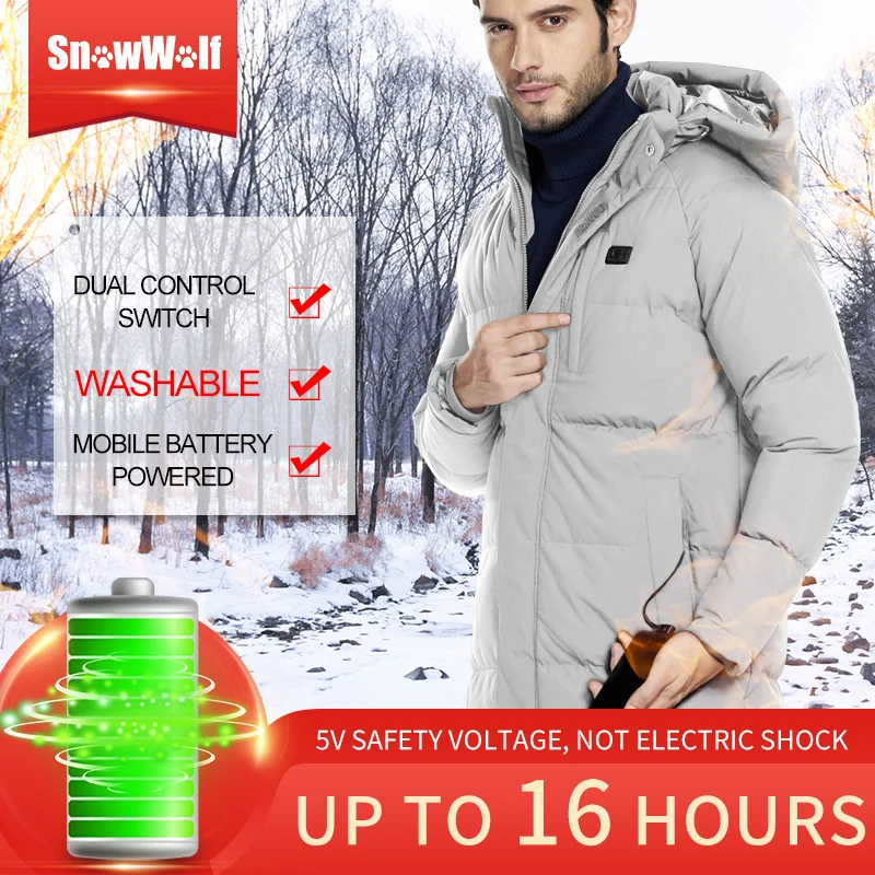 SNOWWOLF  Men Women USB heated Jacket Winter Outdoor Lovers Long Hooded Heating Coat Electric Thermal Clothing For Hiking