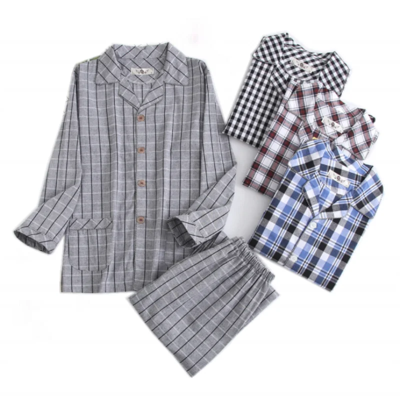 2024 Spring Autumn Men Casual Plaid Pajama Sets Male 100% Cotton Sleepwear Suit Long Sleeve Turn-down Collar Shirt & Pants