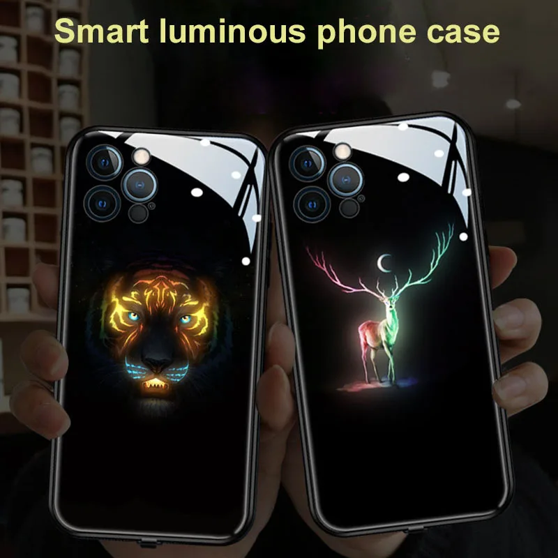 

Luminous Temped Glass Phone Case For iPhone Series 12 Wild Animals Pattern with Voice Control Call Flashing for Apple Phone Case