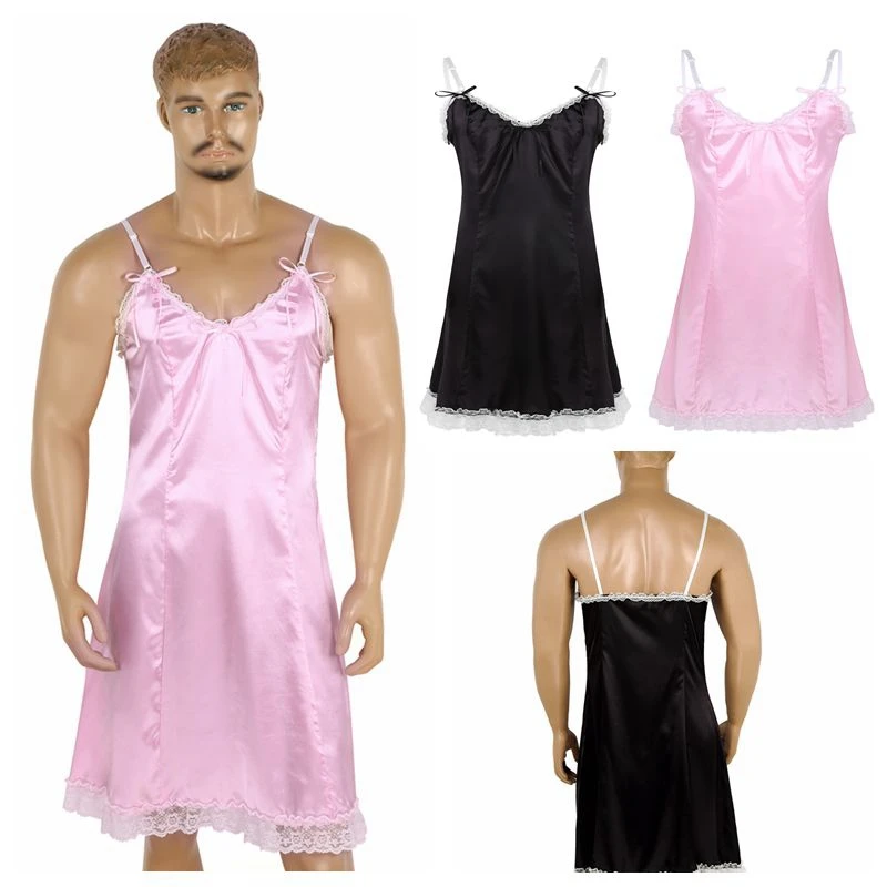 Gay Mens Sissy Dress Male Crossdress Satin Lace Frilly Lingerie Dress Fancy Vintage Slip Dress Babydoll Underwear Nightwear