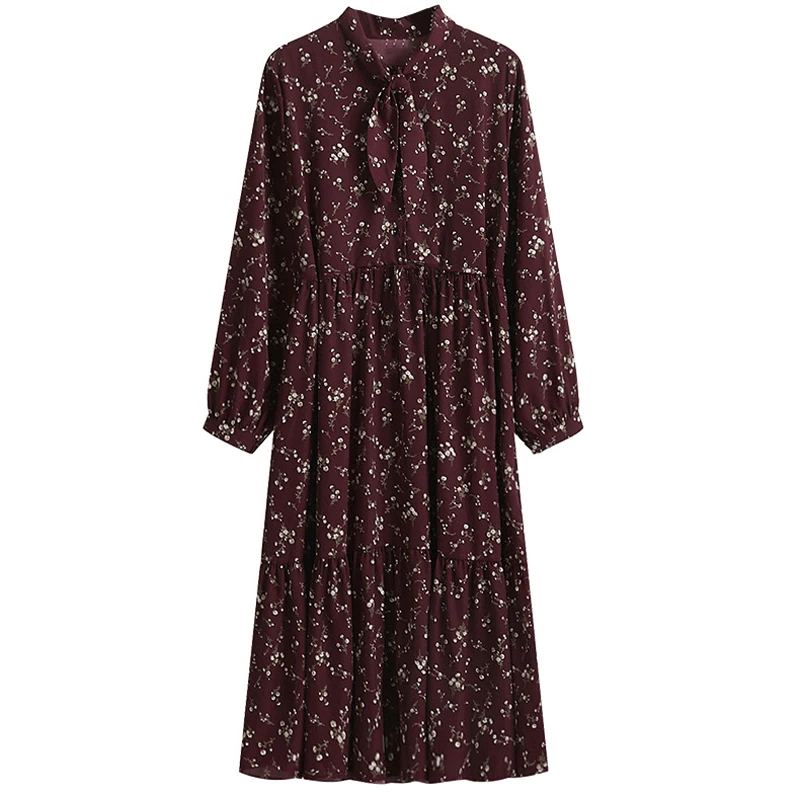 

Women Casual Autumn Dress Lady Vintage Floral Printed Chiffon Dress Long Sleeve Bow Midi Spring Loose Dress Vestido