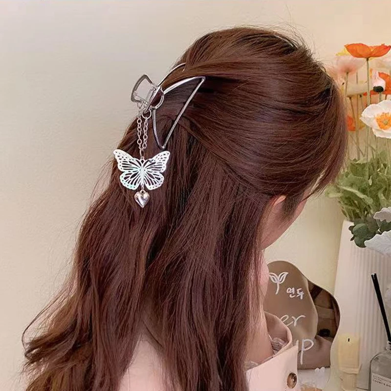 New Chain Butterfly Pendant Hair Claw For Women Fashion Geometric Hollow Silver Color Hair Clips Metal Barrette Hair Accessories