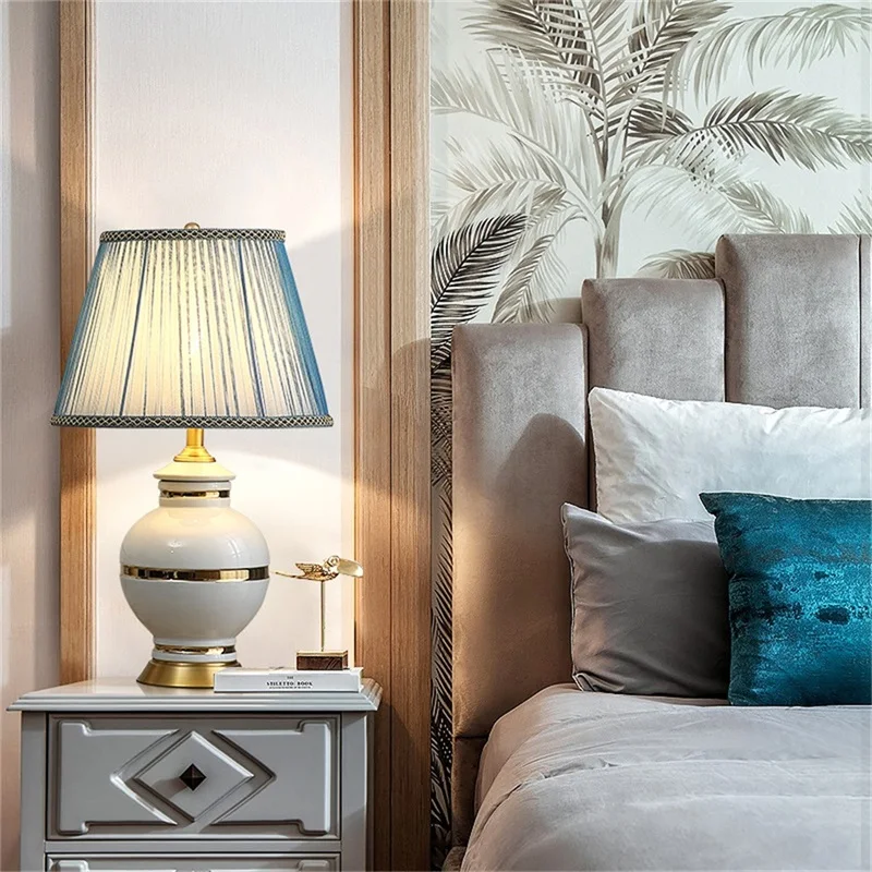 OURFENG Luxury Bedside Table Lamp Ceramic Blue Desk Light Copper Home Decorative for Living Room Office Bed Room Study
