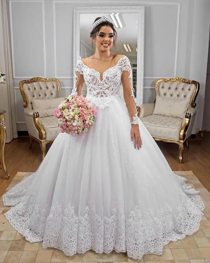 Vestido de novia de manga larga con encaje y botones, elegante, ilusión, tren de barrido, vestido de novia con apliques