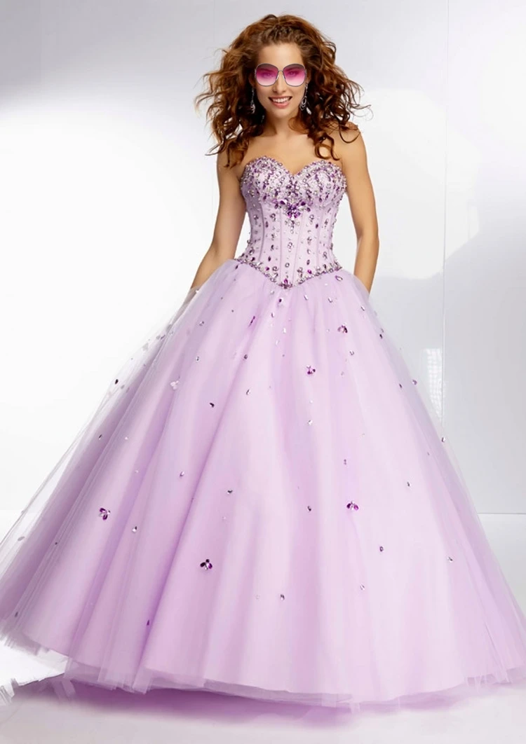 Vestido de baile sencillo de quinceañera, tul Lila, dulce, 16, Formal, para fiesta, graduación, con cuentas de cristal