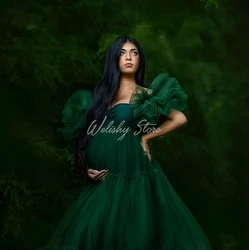 Emerald Dark Green A-Line Draprd Long Tulle Maternity Robes Women Custom Made Long Tulle Dresses Photo Shoot Party Gowns vestido