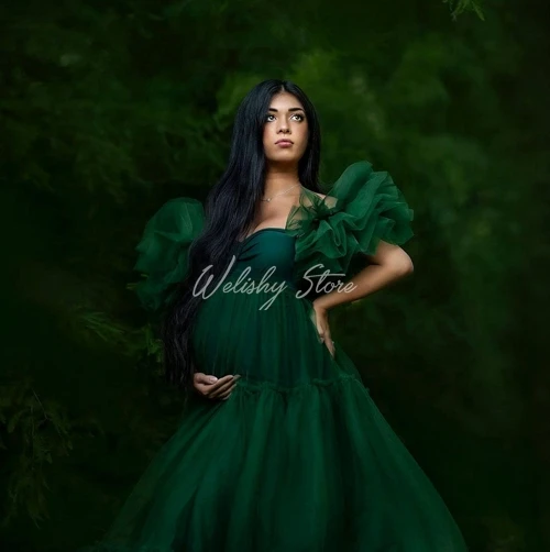 Emerald Dark Green A-Line Draprd Long Tulle Maternity Robes Women Custom Made Long Tulle Dresses Photo Shoot Party Gowns vestido