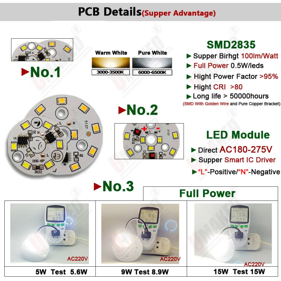 10PCS 9W 40mm AC 220v led pcb smd2835 with 20cm wire, led bead smart IC driver for bulb light, 3w 5w 7w 12w 15w downlight source