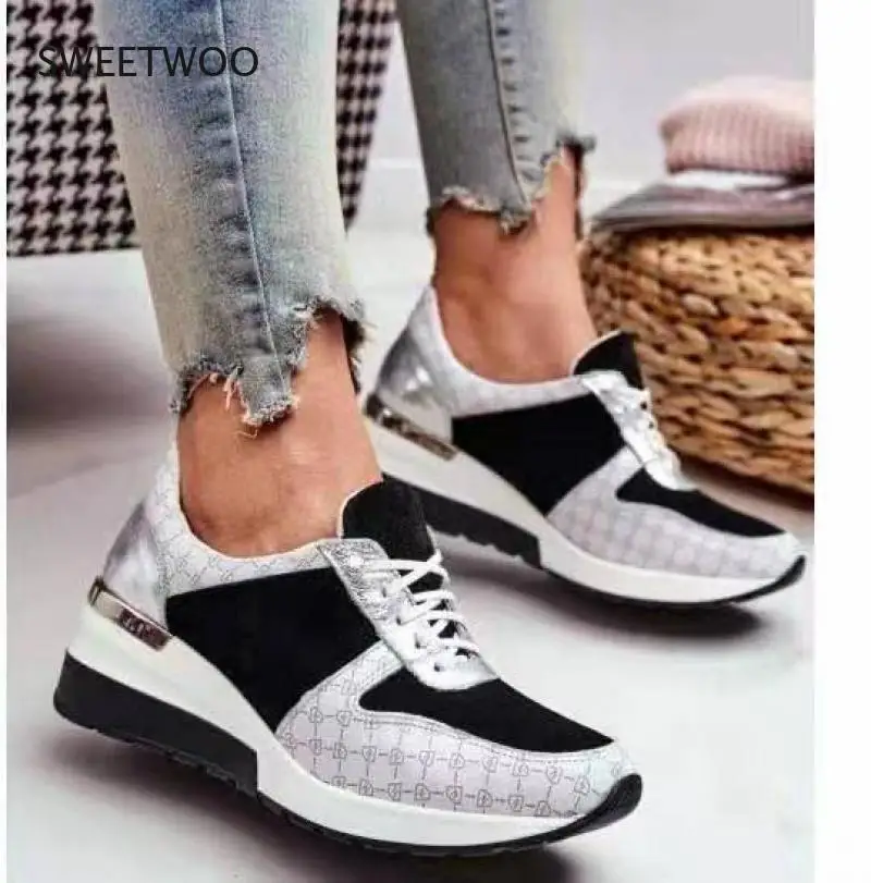 Women Wedge Sneakers Lace Up Patchwork Platform Casual Vulcanized Sports Shoes