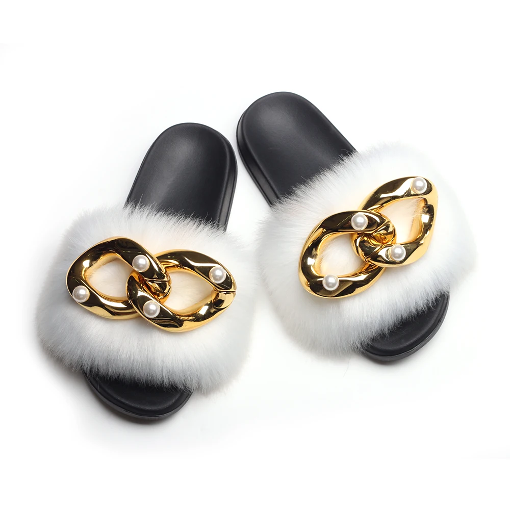 Shoes Woman Flip Flops Beach Summer Slippers Luxury Gold Chain Furry Slides Faux Fluffy Large Size Pearl Slippers Flat Sandals