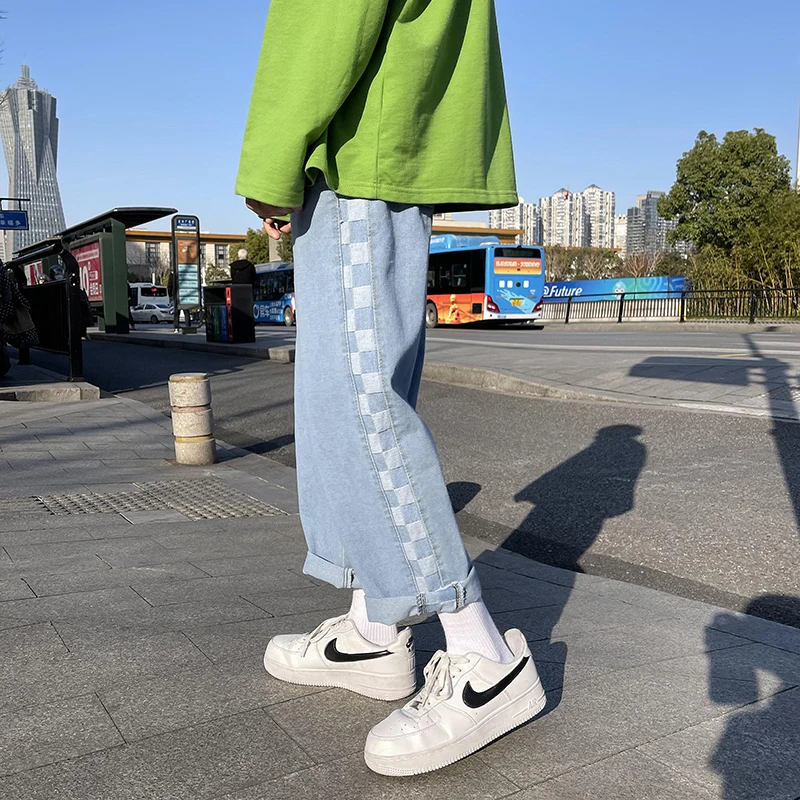 Spring patchwork jeans men's straight, plaid loose and versatile, ruffian and handsome trousers  pantalones de hombre 2021