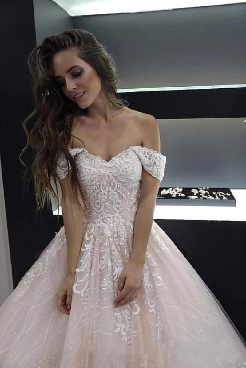 Pale Pink Lace Wedding Dresses Bride Off Shoulder Long Train Tulle Appliques Beads A Line Bridal Wedding Gowns robes de mariée