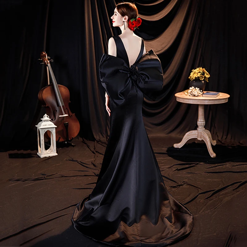 Black Deep V-Neck Prom Party Gown Sexy Backless Big Bowknot Catwalk Floor Length Dress Women Slim Mermaid Evening Dress