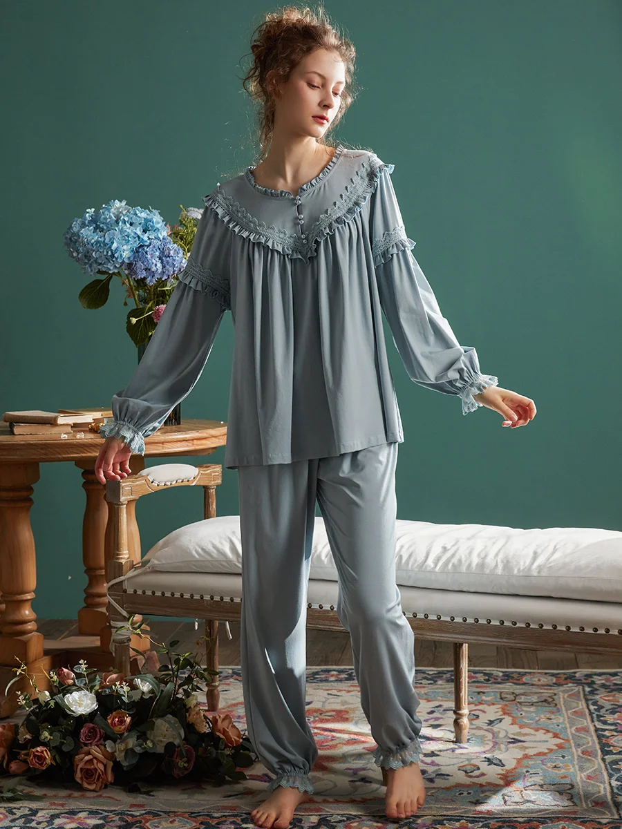 Hanxiuju Spring Autumn Royal Vintage Pajamas Sets For Lady Soft Cotton Long Sleeve Sleepwear Comfortable Home Clothes