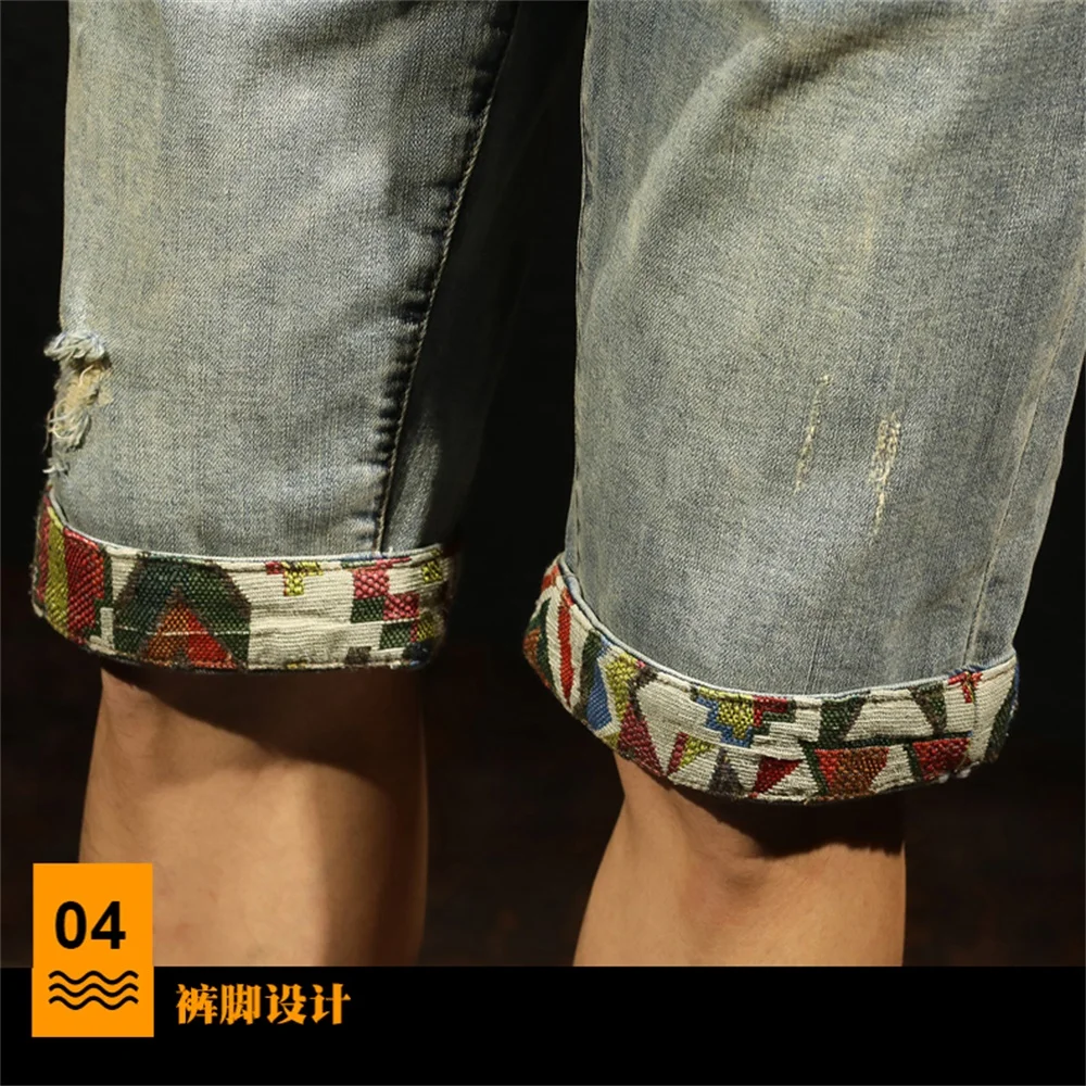 EH · MD® Men's Denim Shorts Light Blue Hand-Paneled Embroidered Mid-Pants Hole Stretch Elastic Fleece Pants Cotton Summer Feet