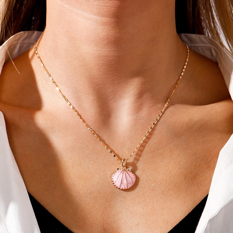 Collares colgantes de concha de abanico de esmalte rosa y azul para mujer, gargantilla de cadena de Color dorado, joyería de fiesta de playa de verano, novedad