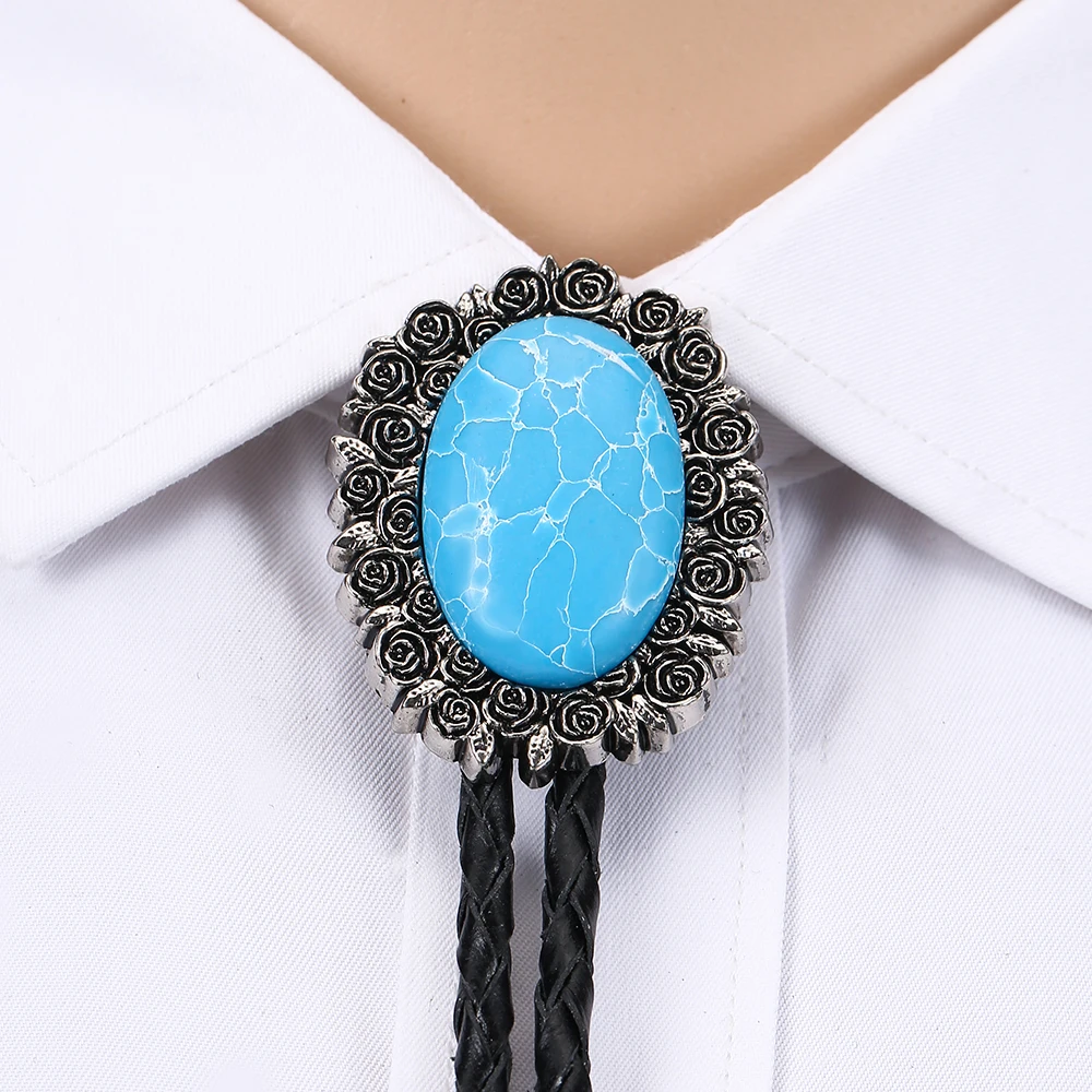 Western cowboy rose flower natural turquoise bolo tie personality leather collar rope unisex western accessories banquet gift