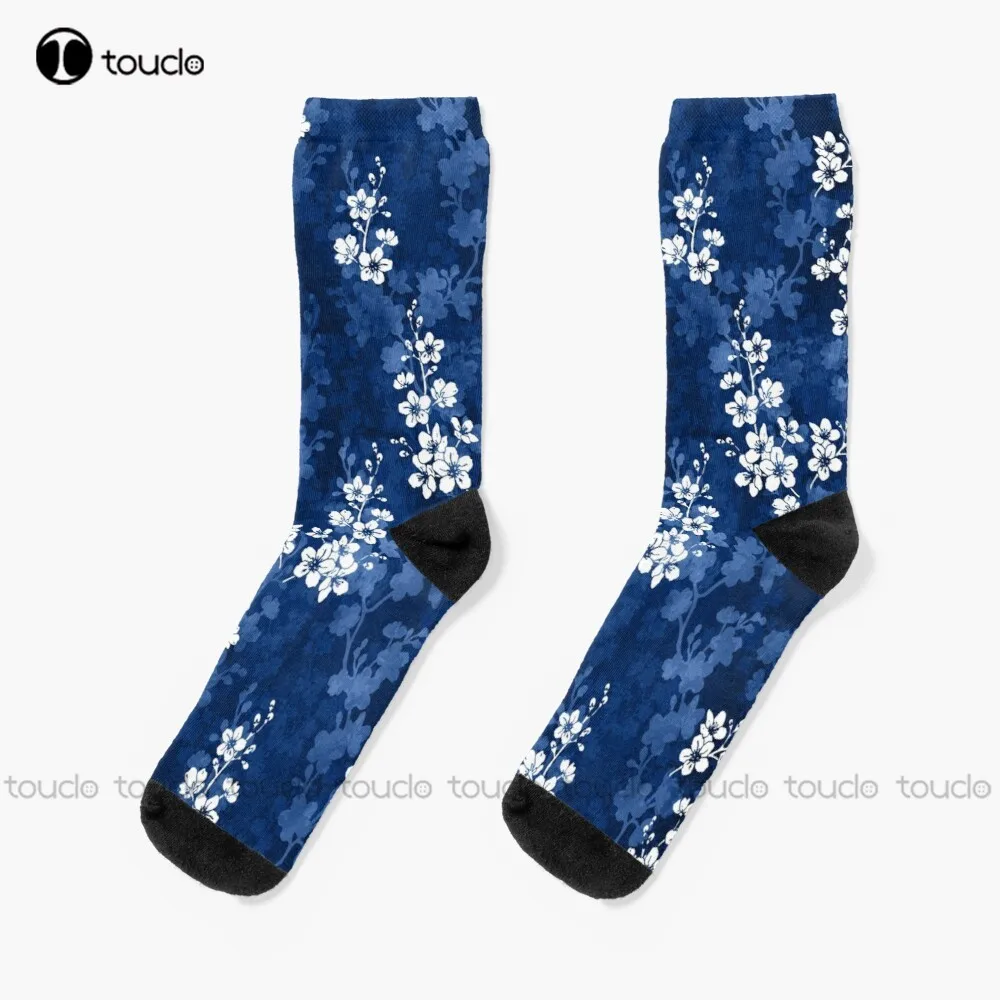 Sakura Blossom In Deep Blue Socks Women Workout Sockss Unisex Adult Teen Youth Socks Personalized Custom 360° Digital Print