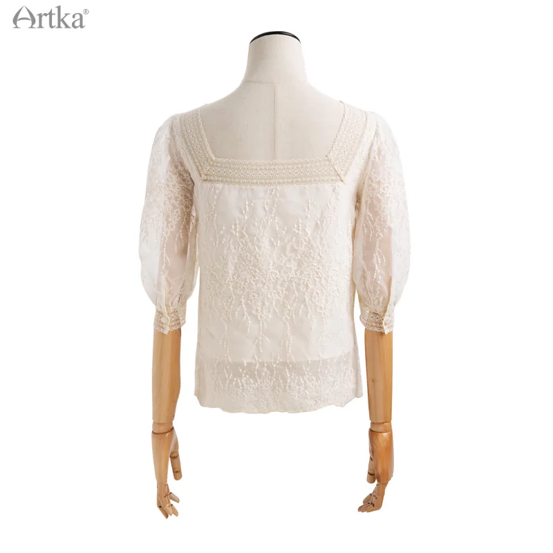 ARTKA 2021 principios de otoño nuevo blusa de las mujeres de encaje elegante Plaza Collar con lazo gasa media manga Puff blanco camisas SA22312X