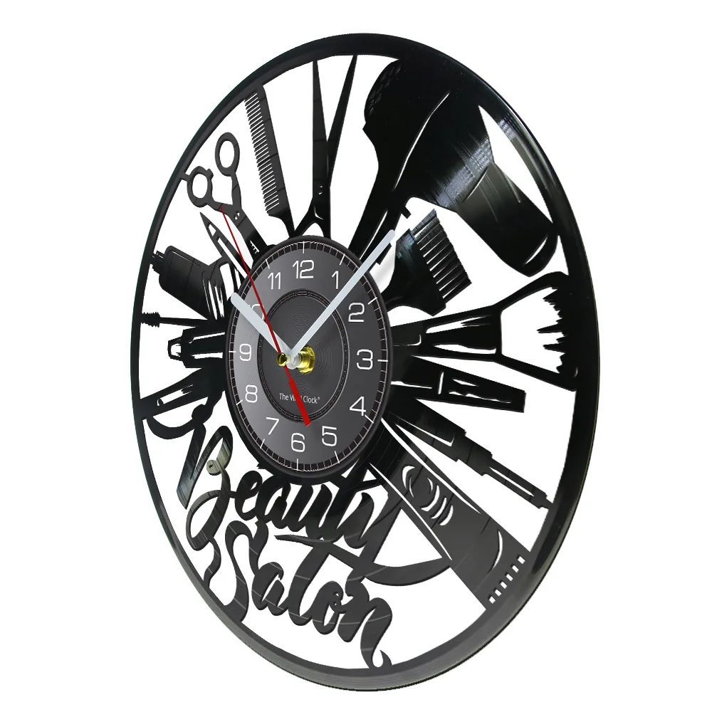 Barber Shop Vinyl Record Wall Clock Modern Design Beauty Salon Vintage Timepiece Haircut Professional Artwork Hairdresser Gift