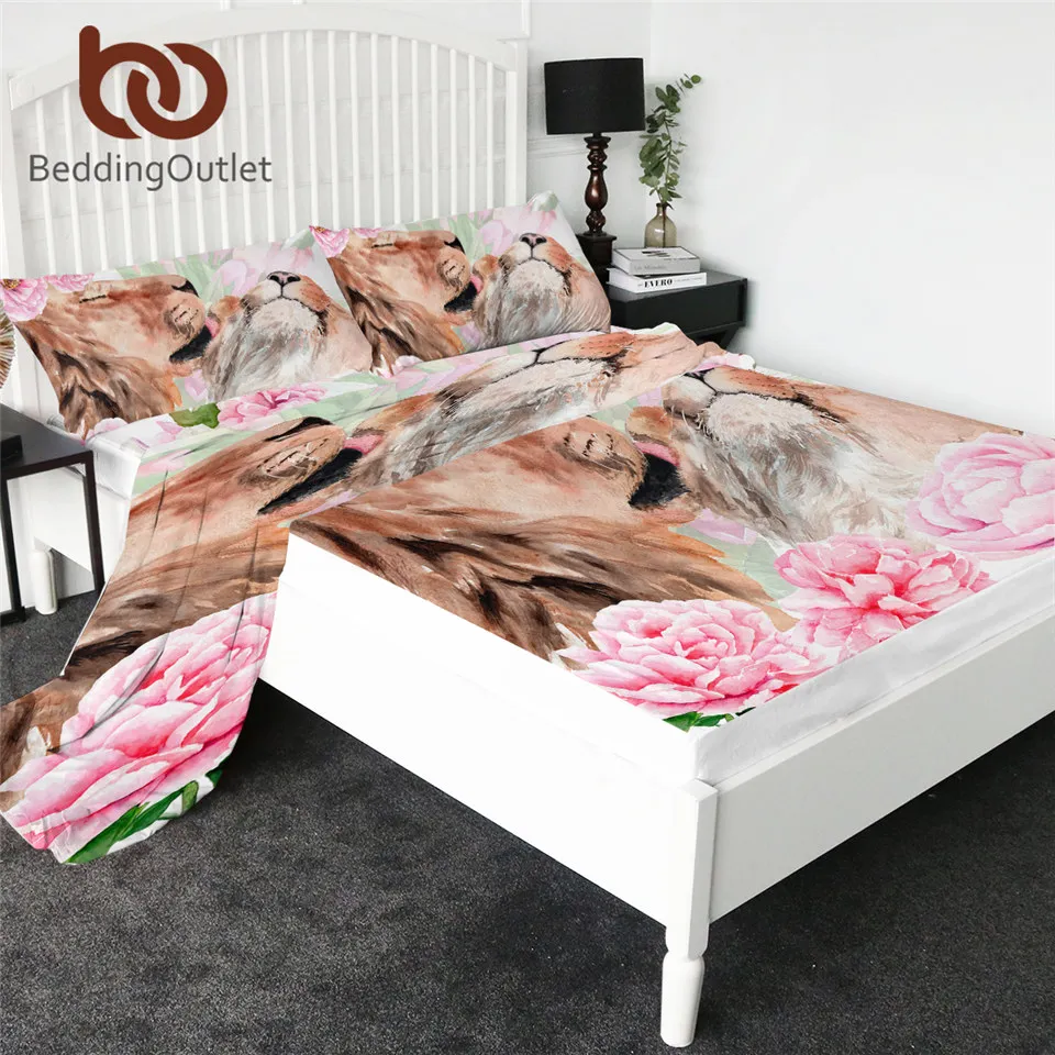 

BeddingOutlet Lions Fitted Sheet Watercolor Bed Sheet Set Cartoon Animal Flat Sheet Pink Flower Bedding King 4pcs Mattress Cover