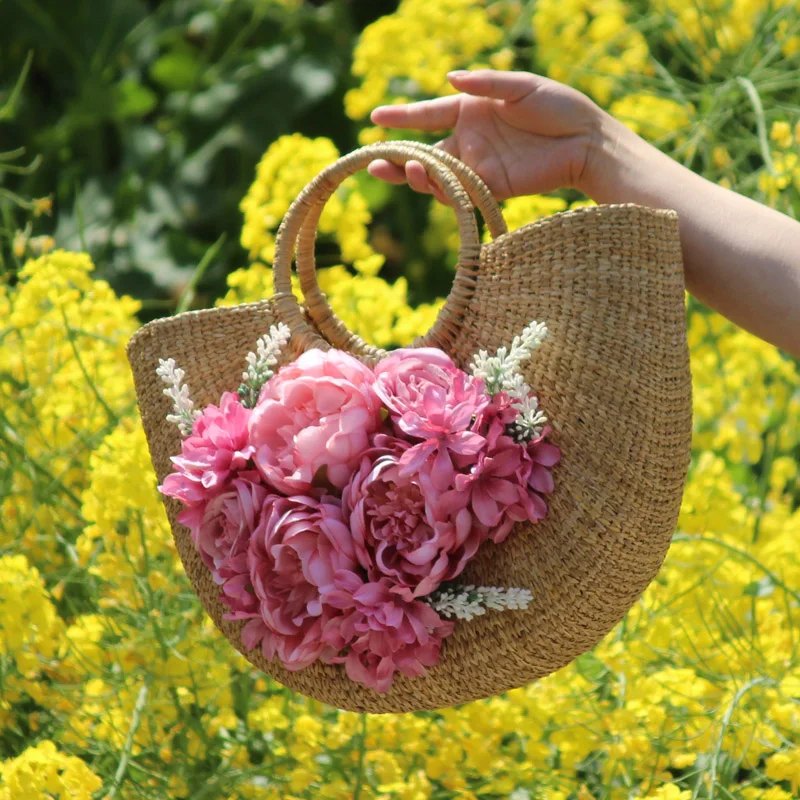 Sac de plage en rotin pour femme, ensemble de chapeau de vacances, sac à main fourre-tout en paille, tissage de fleurs artificielles multicolores,