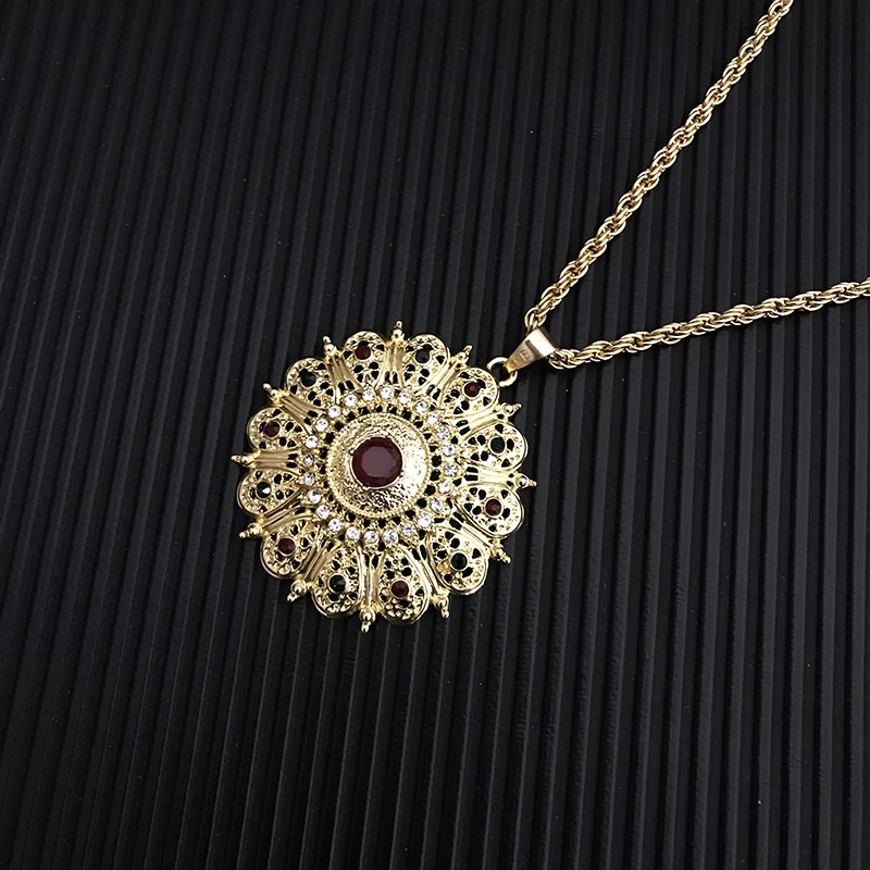 Fashion Jewelry Gold Color Long Pendant Necklace for Women Ethnic Wedding Gift Morocco Caftan Metal Flower Accessory