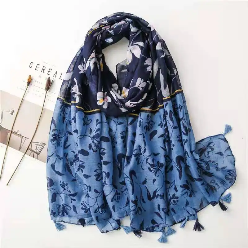 

2021 New Fashion Flower Print Tassel Scarf Shawls Long Soft Floral Scarves Hijab Wrap