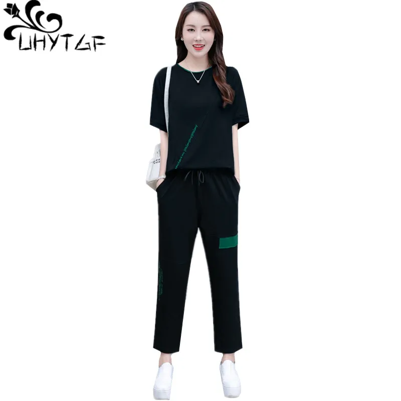 UHYTGF Two Peice Set For Women Fashion O Neck Pullover Casual Summer Sets Female Green Black Loose 5XL Big Size Sportswear 1692