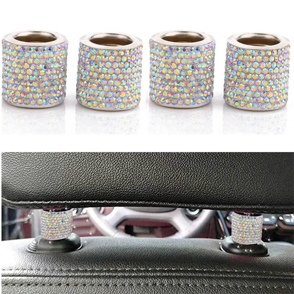 4 Pack Car Headrest Collars Car Head Rest Rings Decor Bling Bling Crystal Diamond Ice for Car SUV Truck Interior Decoration