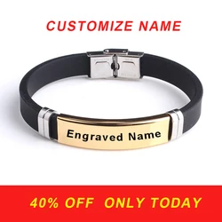 Fashion Personality Custom Made Logo Engrave Name Bracelet Gold Color Smooth Silicone Stainless Steel Bracelets for Men