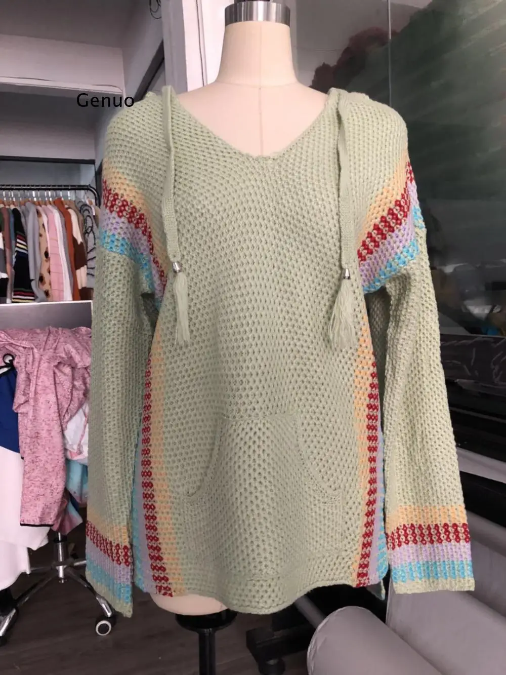 

2021 New Autumn V-Neck Sweater Patchwork Hooded Women Casual Long-Sleeved Knitted Sweater Tops Winter Elegant Pullover Sweater