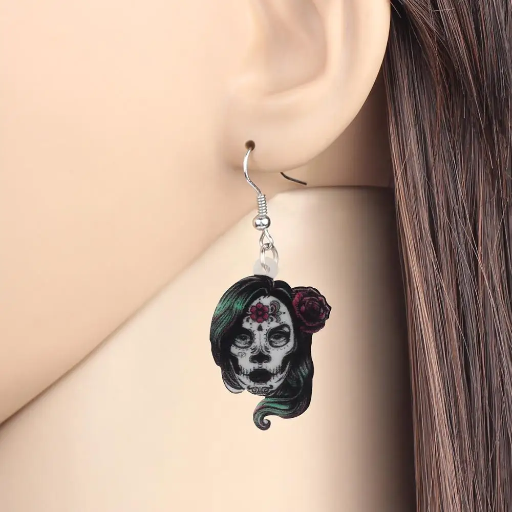 Bonsny Acrylic Halloween Evil Skull Earrings Realistic Long Dangle Drop Jewelry For Women Kid Retro Festival Gift Accessories