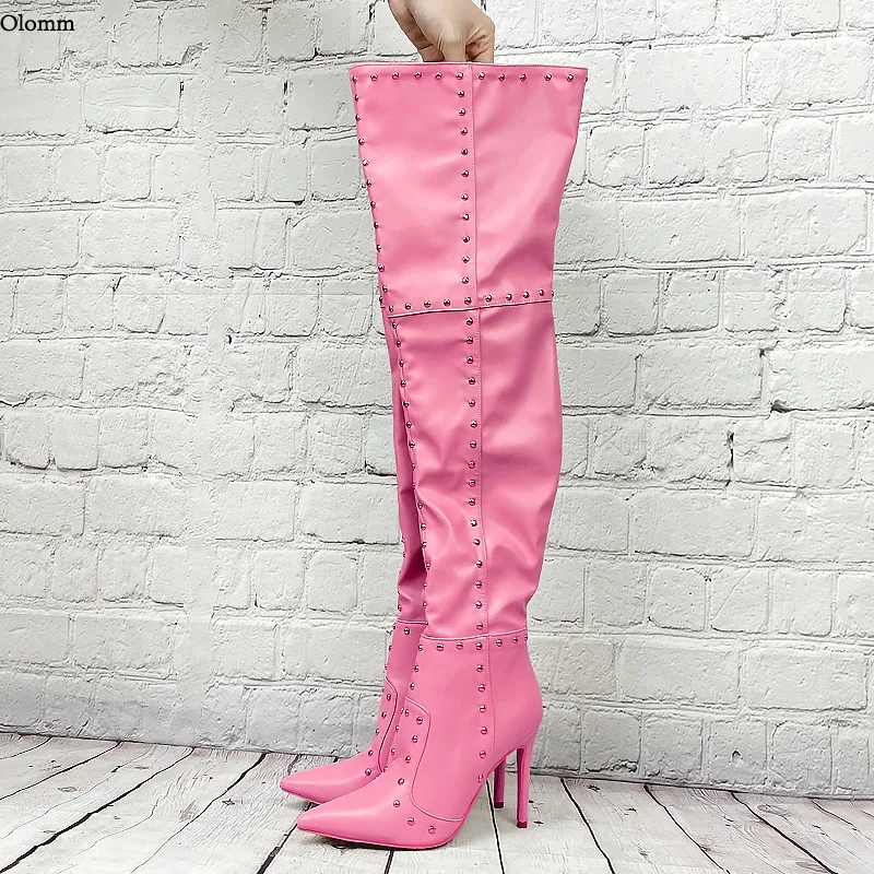 Olomm 2025 Women Winter Thigh Boots Sexy Studs Stiletto Heels Pointed Toe Multi Colors Club Wear Shoes Women Plus Size 35-47