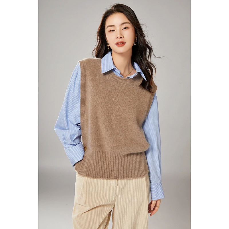 2024 Women\'s Spring Autumn 100% Pure Wool Knitted Vest Both Sides Split Loose Sweater Waistcoat Female Pullover Sleeveless Tops